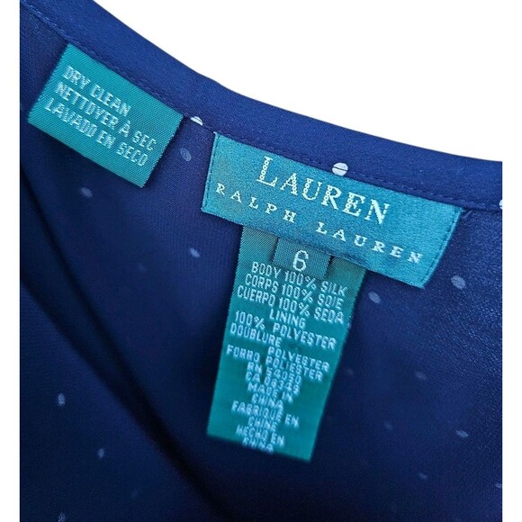 Lauren Ralph Lauren 100% Silk Set Skirt Blouse Top Outfit Navy Polka Dot Size 6 - Picture 7 of 16